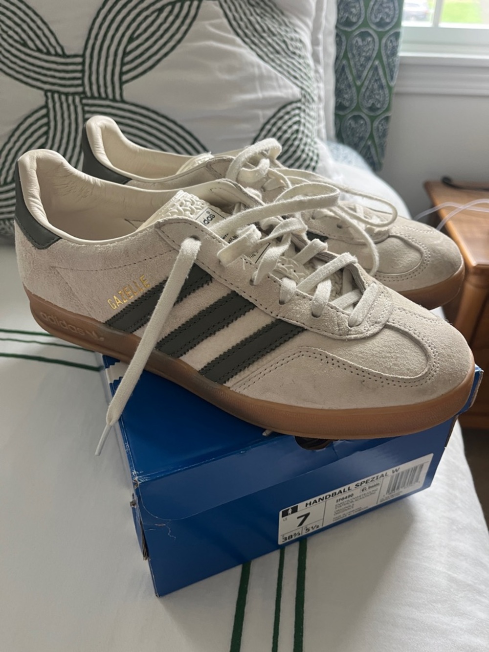 adidas Gazelle Cream Suede Sneakers with Olive Green Stripes